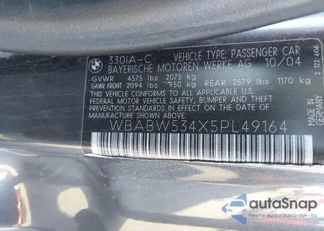 2005 BMW 330Ci from USA, damaged, VIN WBABW534X5PL49164